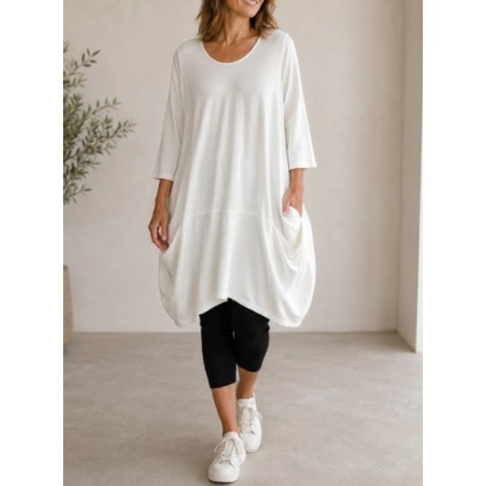 Jason by Comfy USA Lagenlook White Tunic L Oversized Pockets Cocoon Hem Lantern